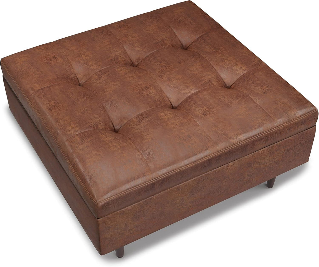 SIMPLIHOME Shay Coffee Table Storage Ottoman - 38 inch Wide Upholstered Vegan Leather Large Square Ottoman in Distressed Saddle Brown, Mid-Century Modern Tufted Ottoman for Living Room with Lift Top