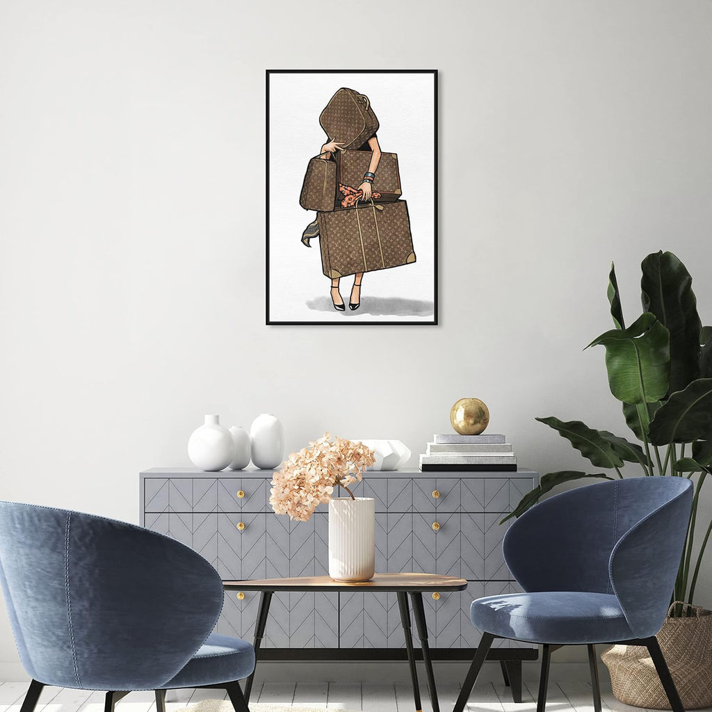 The Oliver Gal Artist Co. Fashion and Glam Framed Wall Art Canvas Prints, Bags-Orange' Travel Essentials Home Décor, 20 in x 30 in, Brown, White