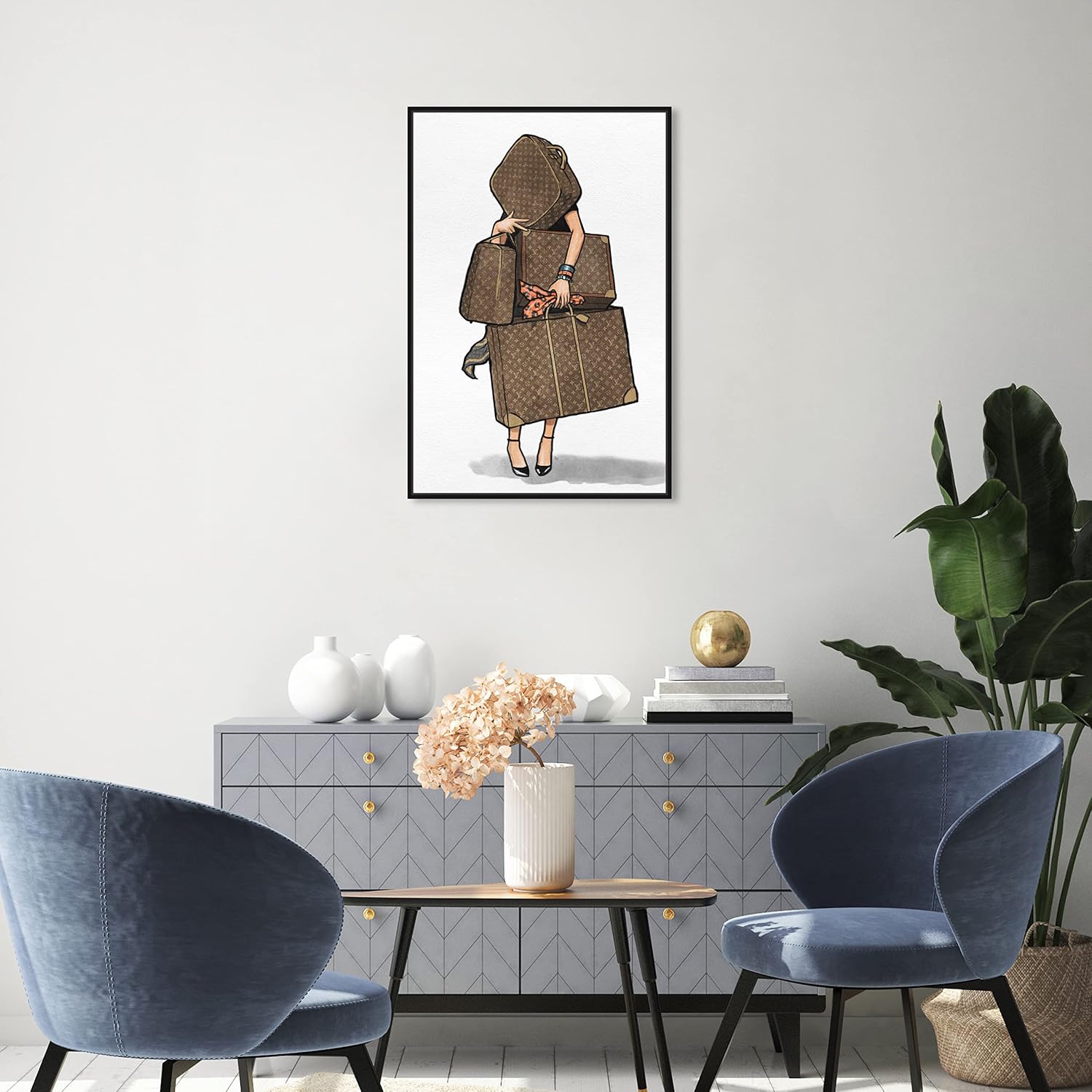 The Oliver Gal Artist Co. Fashion and Glam Framed Wall Art Canvas Prints, Bags-Orange' Travel Essentials Home Décor, 20 in x 30 in, Brown, White