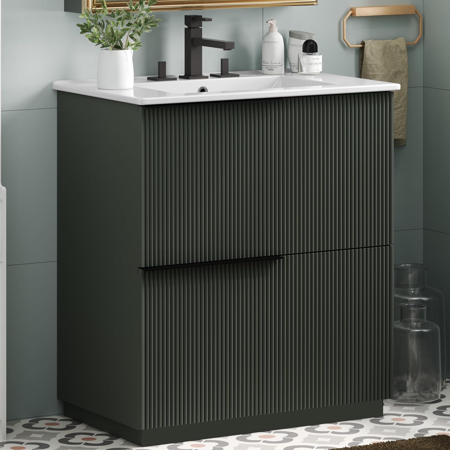 Christopher Knight Home Byron 30' Bathroom Vanity with Sink, Modern Freestanding Bathroom Sink Cabinet with Drawer, Undermount Vanity Sink Cabinet, Bathroom Storage Cabinet with Sink Combo Set, Green