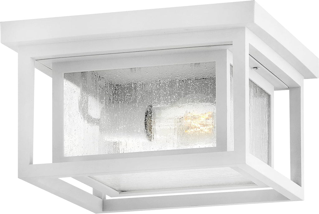 Hinkley Republic Small Flush Mount Outdoor Ceiling Light, Composite, Clear Seedy Glass Panes, Anti-Fading Finish, Textured White Finish