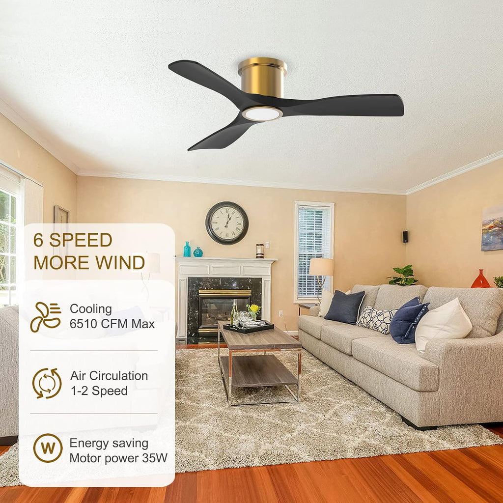 OFANTOP 52 Inch Smart Ceiling Fan with Light and Remote, Indoor 3 Blade Black Gold Flush Mount Modern Ceiling Fan for Bedroom Living Room