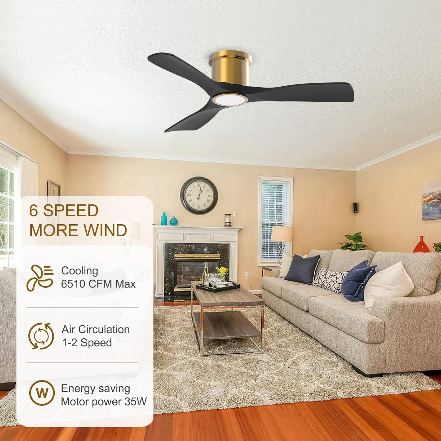 OFANTOP 52 Inch Smart Ceiling Fan with Light and Remote, Indoor 3 Blade Black Gold Flush Mount Modern Ceiling Fan for Bedroom Living Room