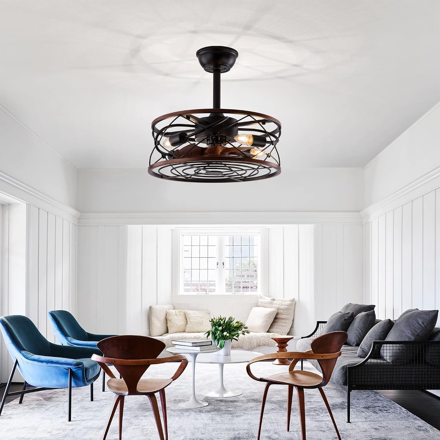 Chandelier,Retro Ceiling Fans with Lights and Remote Control Black Mute Ceiling Fan with Lighting 6 Speed DC Reversible Timer Industrial Ceiling Fan with Lamp for Bedroom Bars-B