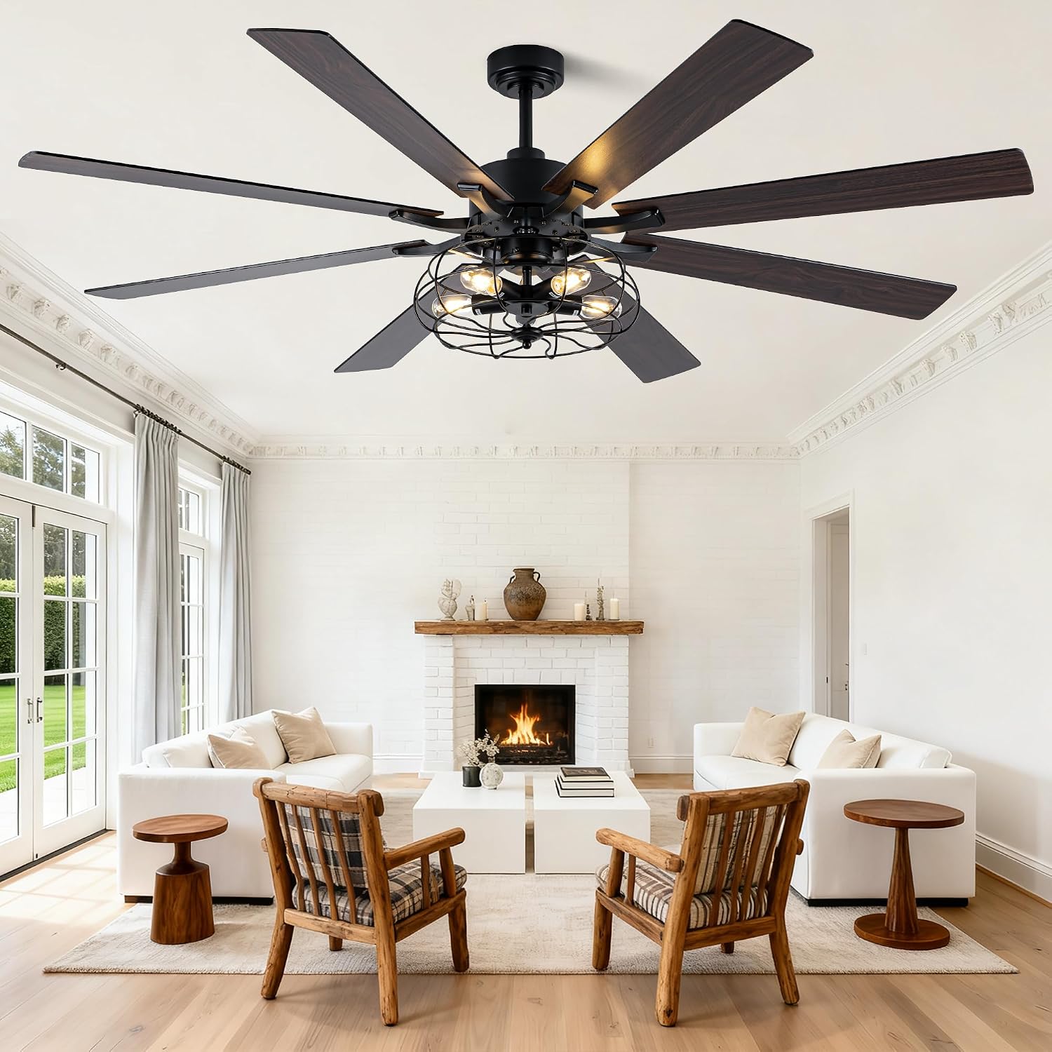 72' Industrial Ceiling Fan with Light,8 Blades DC Motor Farmhouse Cage Ceiling Fan,6 Speed Reversible Quiet Ceiling Fan with Remote Control for Patio Living Room Bedroom