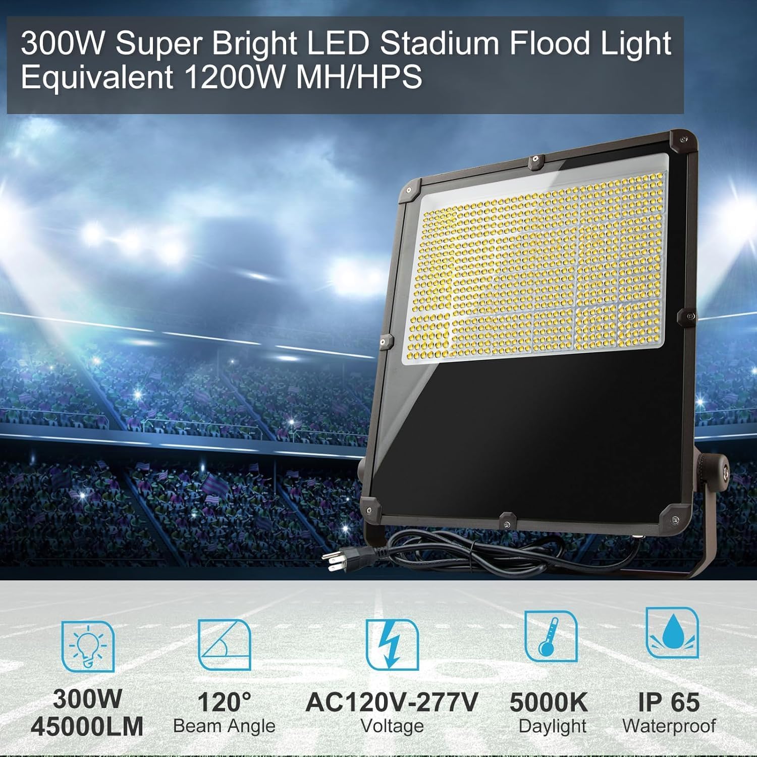 300W LED Flood Light Outdoor 45000Lm Led Stadium Light with Dusk to Dawn photocell, IP65 AC100-277V Commercial Area Lighting with Plug for Backyard/Basketball Court-2Pack