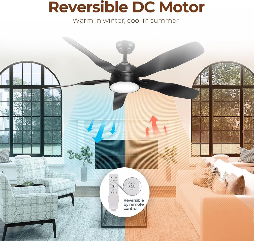LAC D' LIGHTINGS Ceiling Fans with Lights, 52 Inch Black Ceiling Fan with Light and Remote 3 Color 6 Speed Adjustable, Noiseless DC Motor, Outdoor Fan for Indoor Outdoor Patio Farmhouse Bedroom