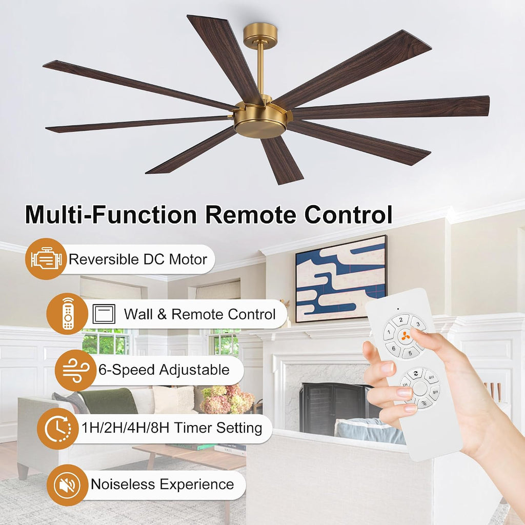 WINGBO 72' Ceiling Fan without Light, Modern Large Ceiling Fan with Remote Control, 6-Speed Reversible Noiseless DC Motor, Gold and Walnut/Black Blades for Living Room, Bedroom & Covered Outdoor