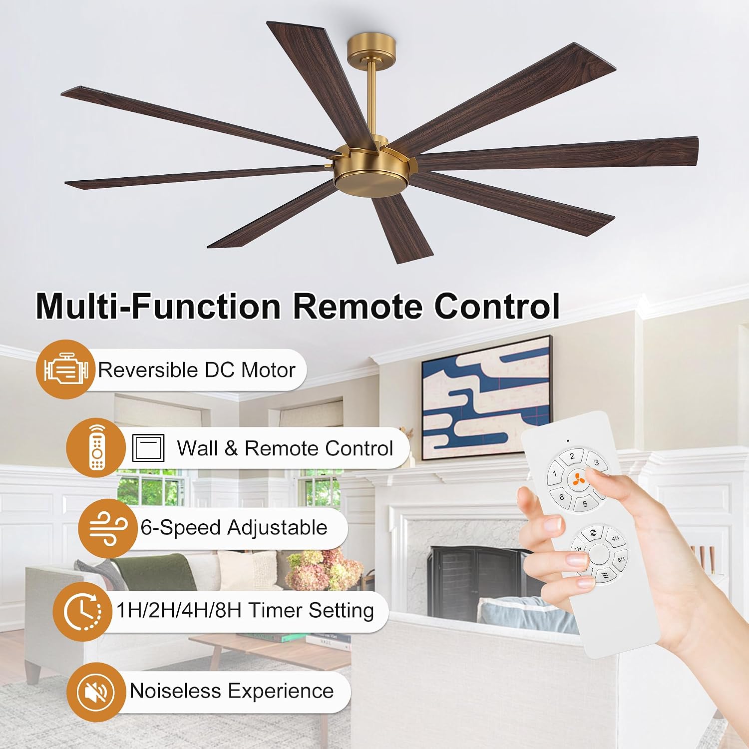 WINGBO 72' Ceiling Fan without Light, Modern Large Ceiling Fan with Remote Control, 6-Speed Reversible Noiseless DC Motor, Gold and Walnut/Black Blades for Living Room, Bedroom & Covered Outdoor