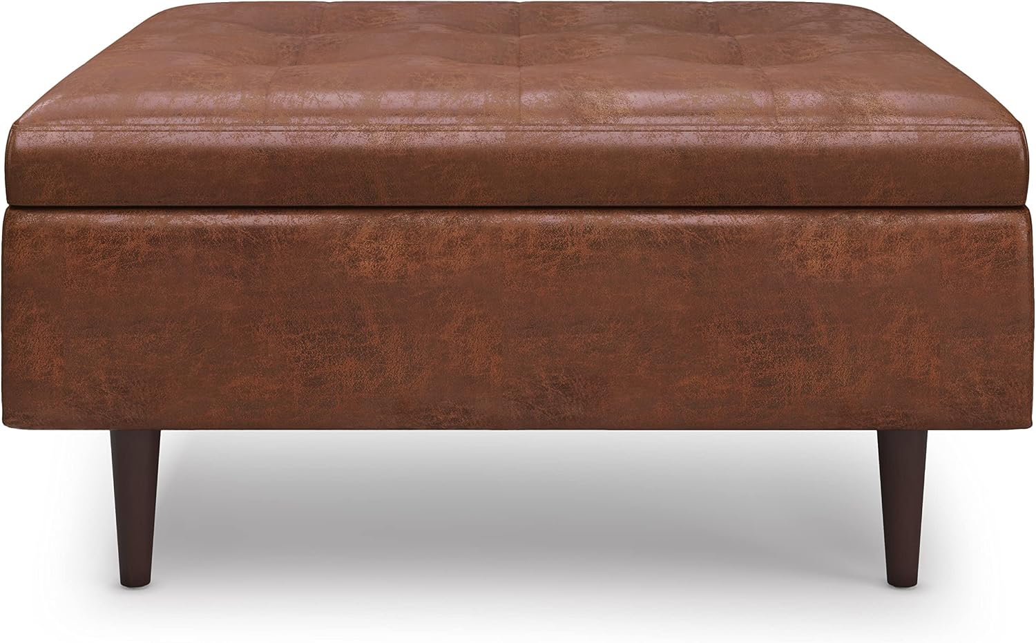 SIMPLIHOME Shay Coffee Table Storage Ottoman - 38 inch Wide Upholstered Vegan Leather Large Square Ottoman in Distressed Saddle Brown, Mid-Century Modern Tufted Ottoman for Living Room with Lift Top