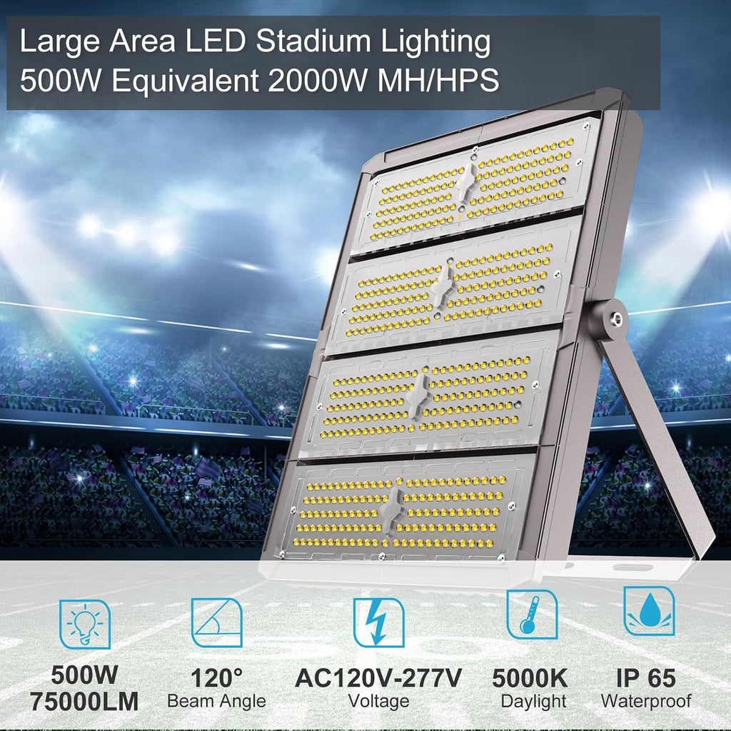Upgrade 500W LED Flood Light Outdoor 75000Lm Led Stadium Light with Adjustable Bracket, IP65 AC100-277V Commercial Area Lighting with Plug for Backyard/Basketball Court-2Pack