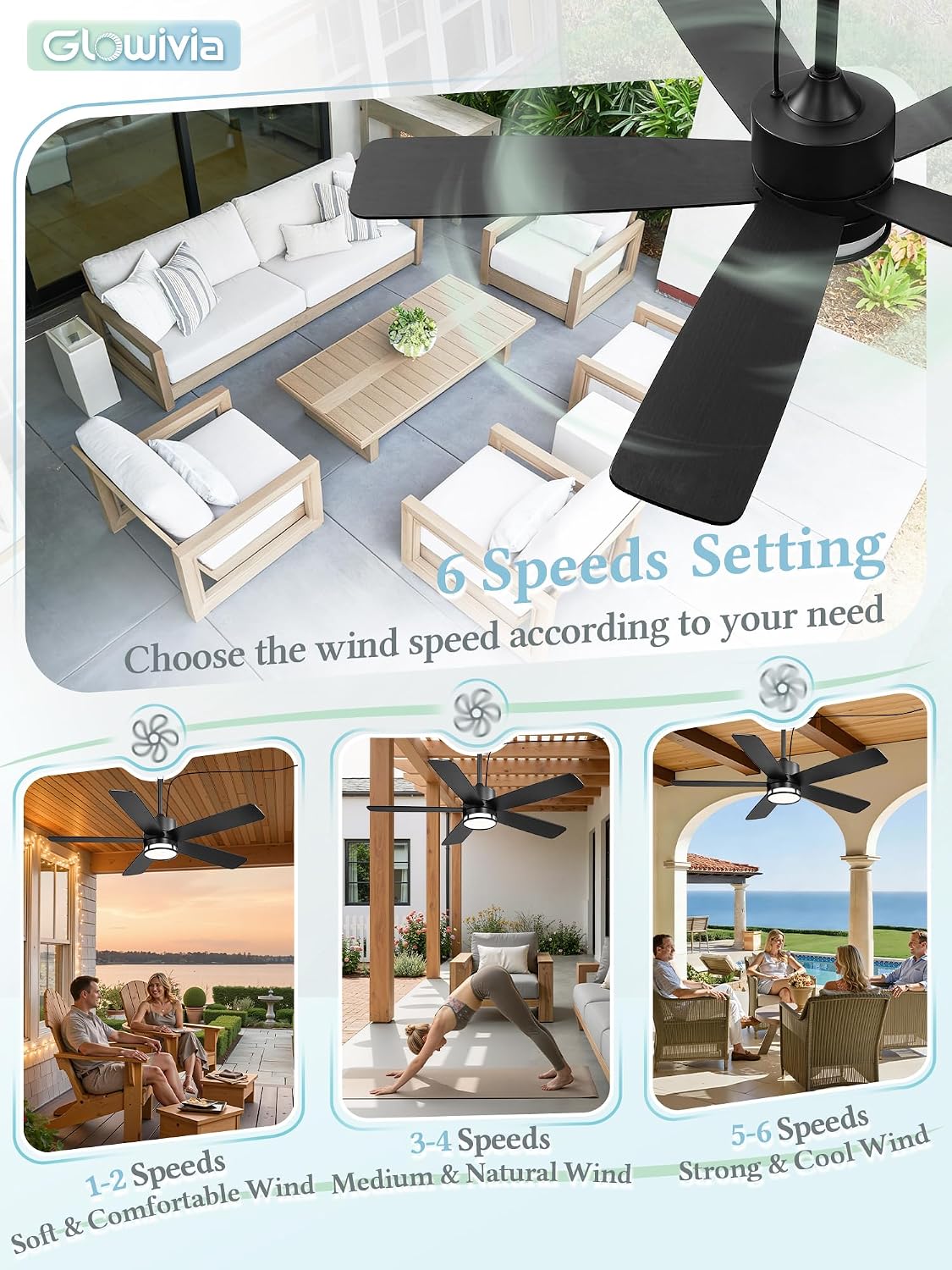 46 Inch Outdoor Ceiling Fan with Lights, IP65 Waterproof, Smart APP Remote Control, Dimmable 3CCT LED, 6-Speed Quiet DC Motor, Plug in Hanging Fan with Cord for Patio Porch Gazebo (Black)