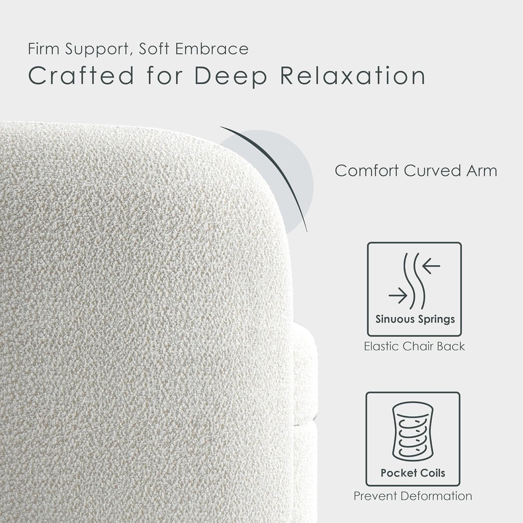 Furniture of America Nimiane Modern Boucle Barrel Chair with Curved Arms and Wooden Legs, Fabric Upholstered Armchair, Comfy Sofa Chair for Living Room, Bedroom, Home Office, Off-White