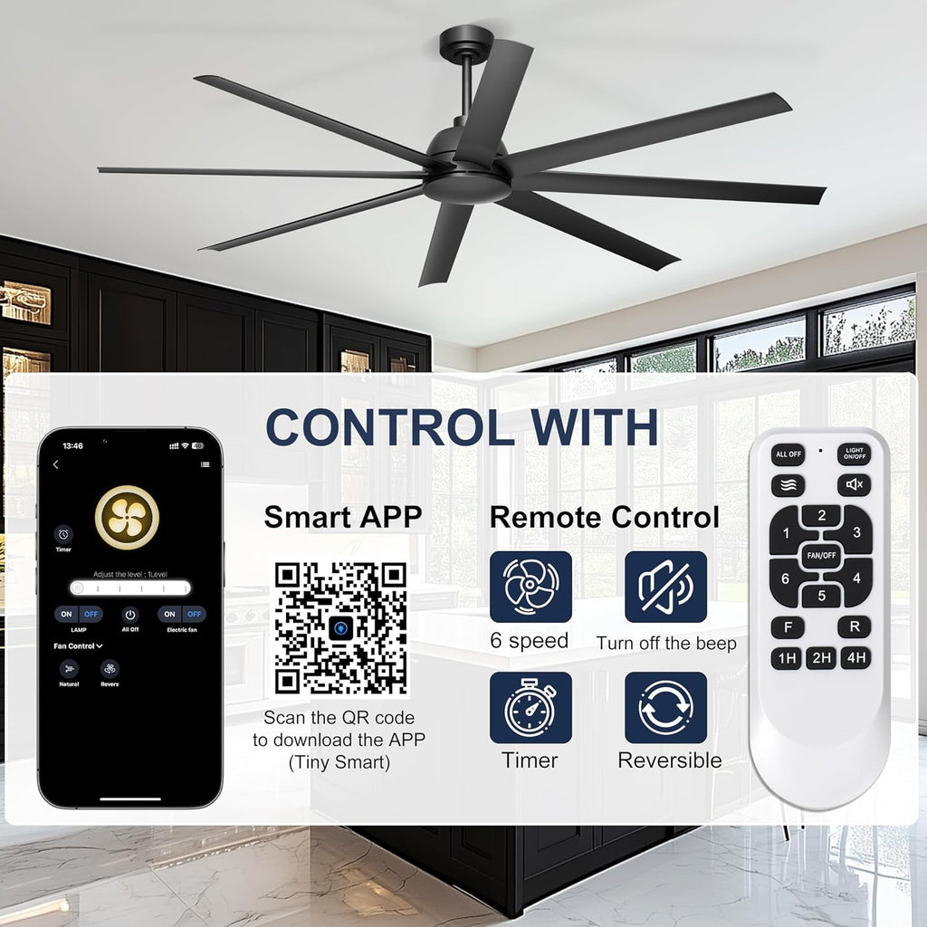 72'' Ceiling Fan no Light - Remote & APP Control, 6 Speed Reversible DC Motor Covered Outdoor Fan for Patio, Shop, Garage, Black without Light