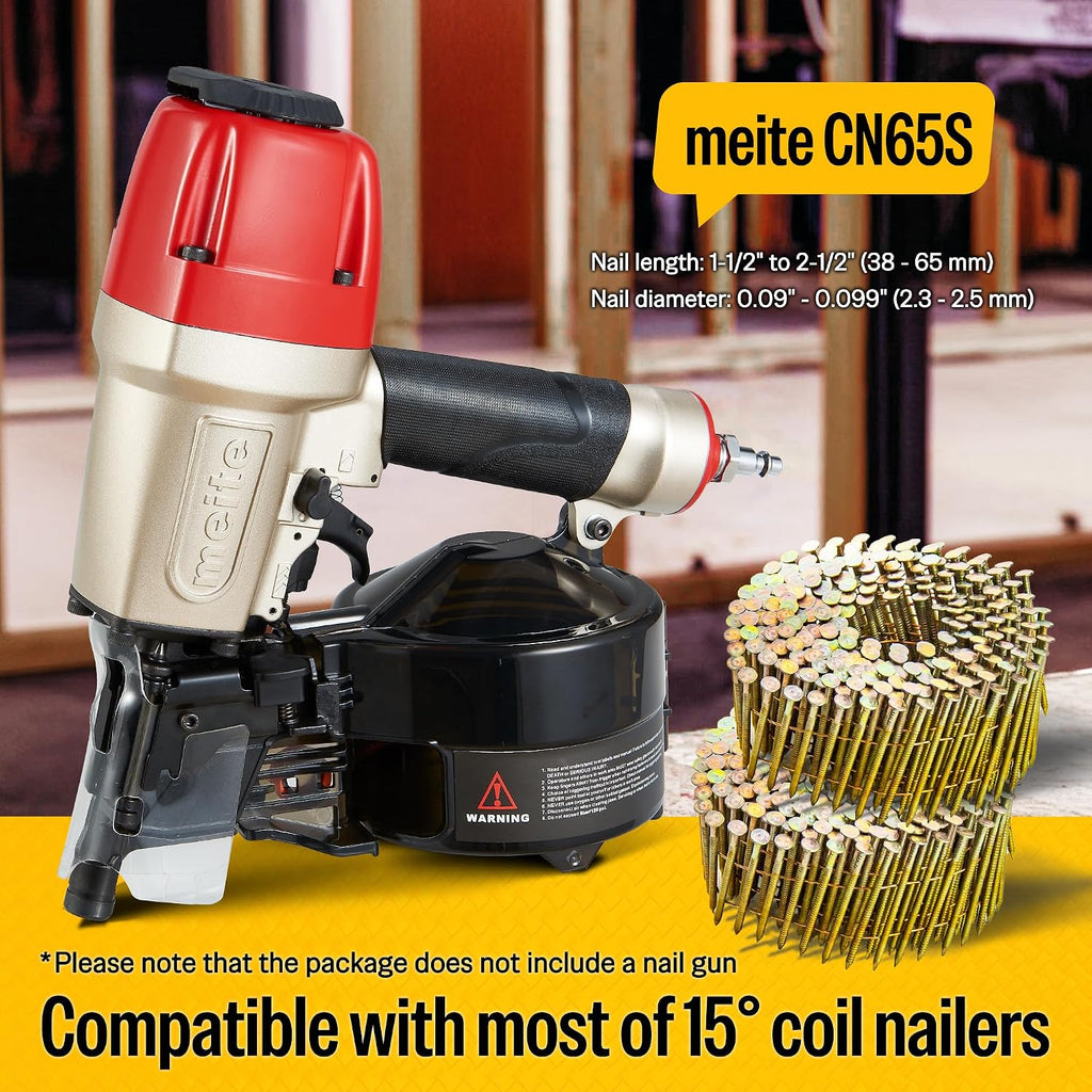 meite CN65S Coil Siding Nailer with 15 Degree Siding Nails 2' × .099'' - Pneumatic Nail Gun with 360° Exhaust & Safety Lock for Roofing Fencing Decking
