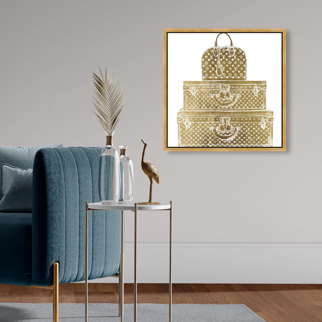 The Oliver Gal Artist Co. Fashion and Glam Framed Wall Art Canvas Prints 'Royal Bag and Luggage Diecut' Travel Essentials Home Décor, 20' x 20', Gold, White, 28278_20x20_Canv_PSGLD