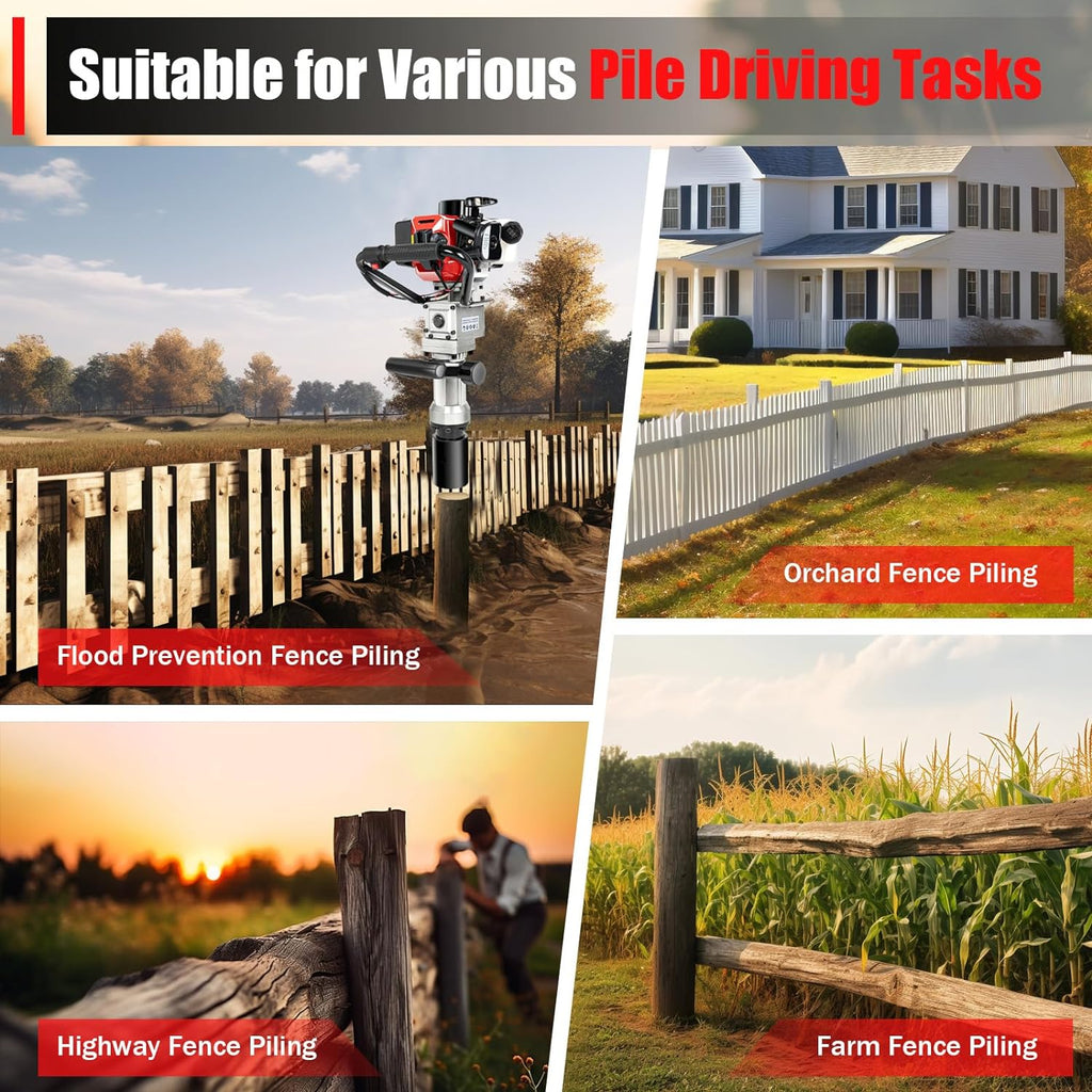 32.6CC 2 Stroke Gas Powered T-Post Driver, 0.9KW Gas Post Pounder Pile Driver, Single Cylinder Air Cooled Fence Post Driver Hammer with Hand Pull Start & 0.23 Gal Fuel Tank for Gardening Road Fencing