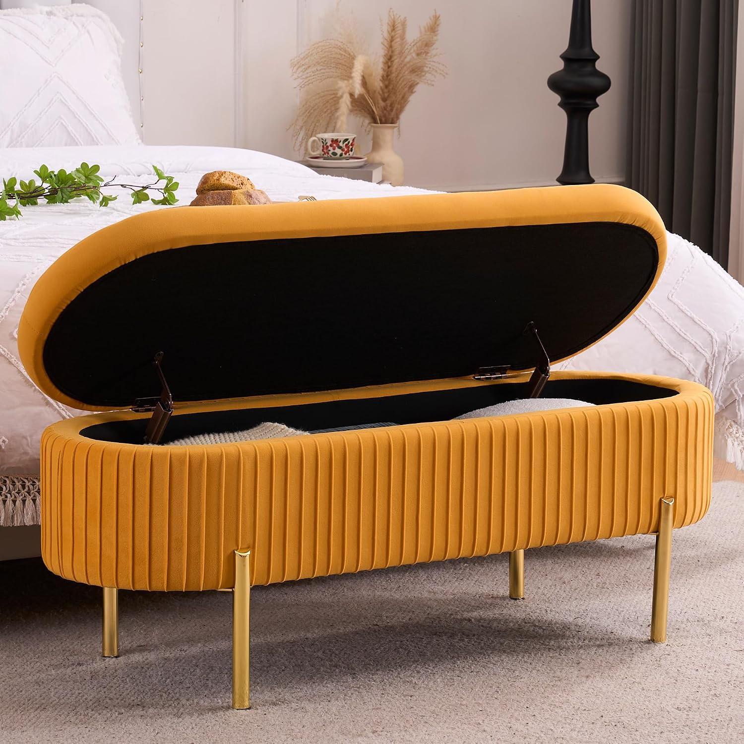Velvet Storage Bench for Bedroom Upholstered End of Bed Bench Modern Ottoman with Gold Legs for Living Room/WindowEntryway (Mustard Yellow, Oval-45.5' W)