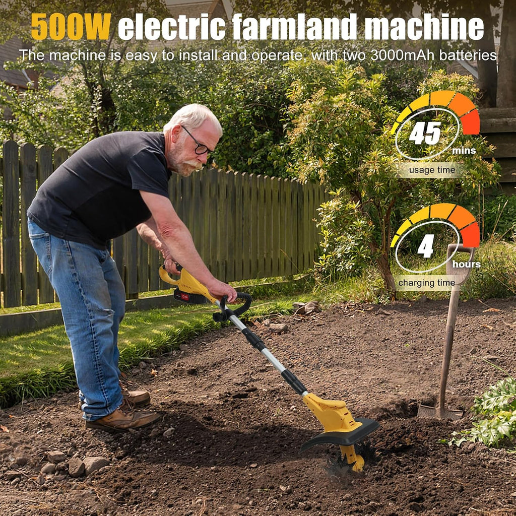 21V Cordless Tiller Cultivator, Battery Powered Electric Tiller with 9-Inch Tilling Width & 6.6-Inch Depth, 310RPM, 48 Steel Tines, 2x3000mAh Batteries, Max Power 500W (Yellow)