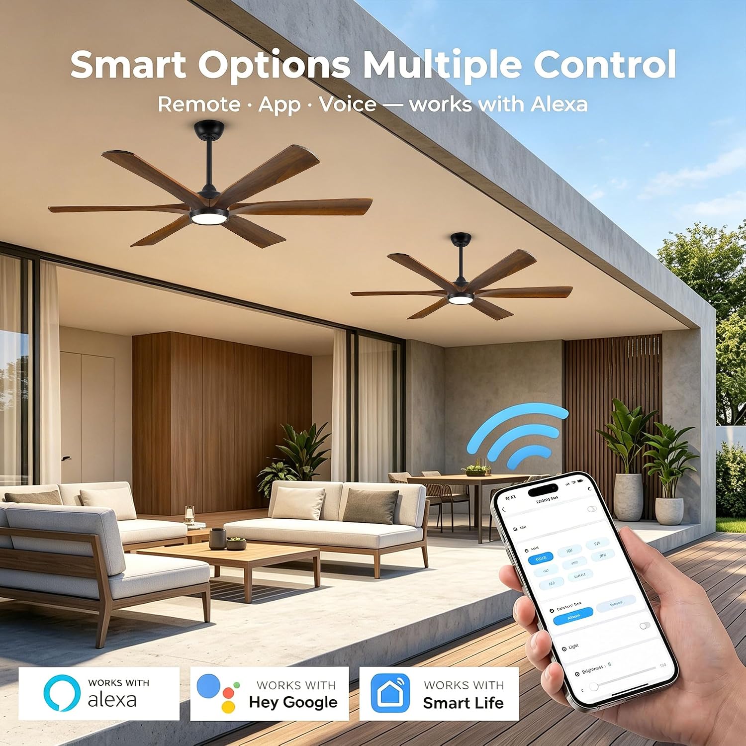 60 Inch Smart Outdoor Ceiling Fan with Lights for Patios, High CFM, Damp Rated 6 Walnut Wood Blades, Alexa Wifi Remote Control, for Modern Farmhouse Indoor Exterior Porch, for Sloped/Tall Ceiling