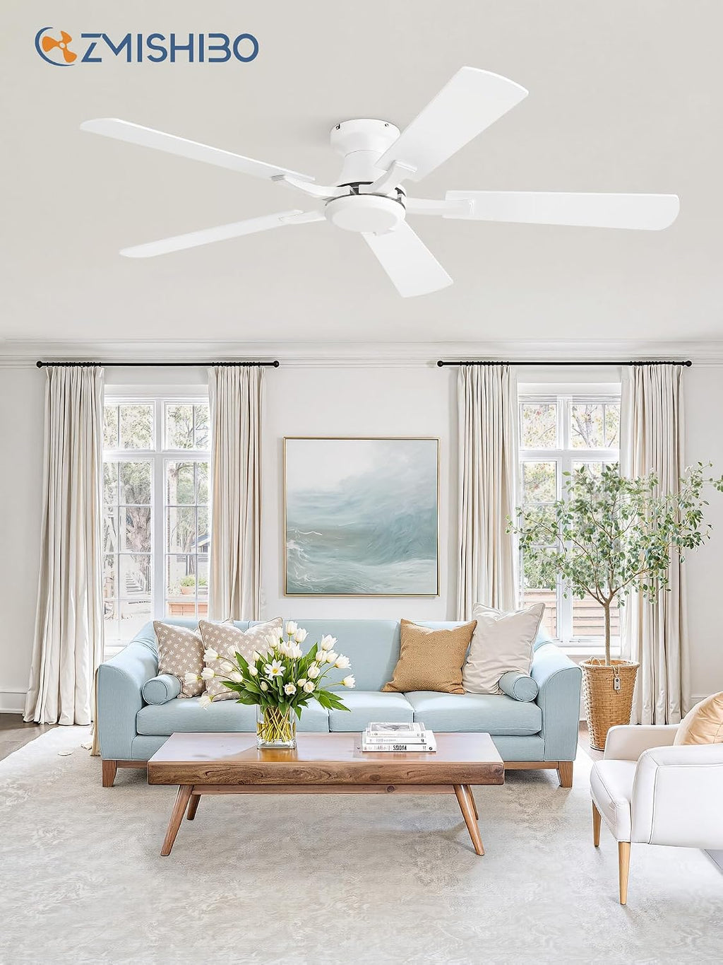 ZMISHIBO 52 Inch Ceiling Fan No Light, Flush Mount Low Profile, Modern White Ceiling Fan Without Light, Remote Control & Quiet DC Motor, for Indoor&Outdoor, Bedroom, Living Room