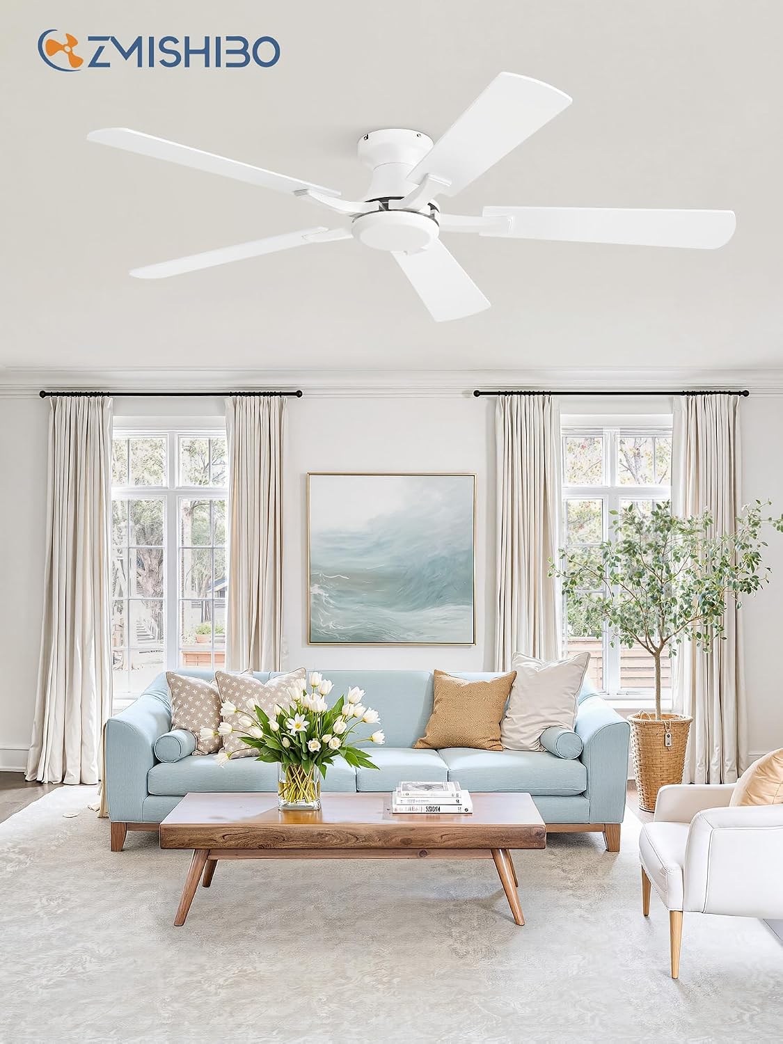 ZMISHIBO 52 Inch Ceiling Fan No Light, Flush Mount Low Profile, Modern White Ceiling Fan Without Light, Remote Control & Quiet DC Motor, for Indoor&Outdoor, Bedroom, Living Room