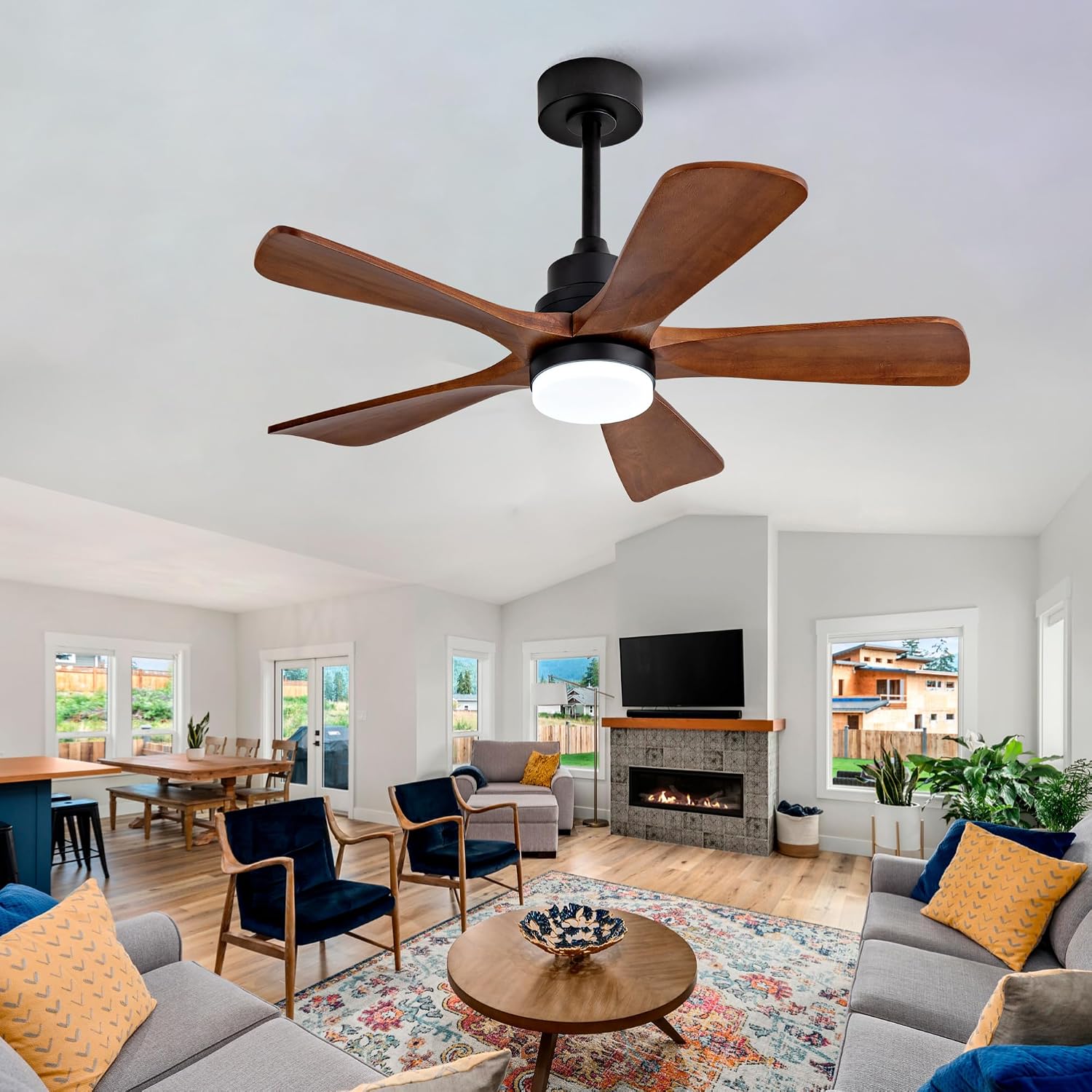 Modern Outdoor Ceiling Fan with Integrated LED Light and Remote Control for Covered Patios | 42-Inch Quiet Reversible DC Motor with Solid Wood Blades | Energy Efficient Farmhouse Style Air Circulation