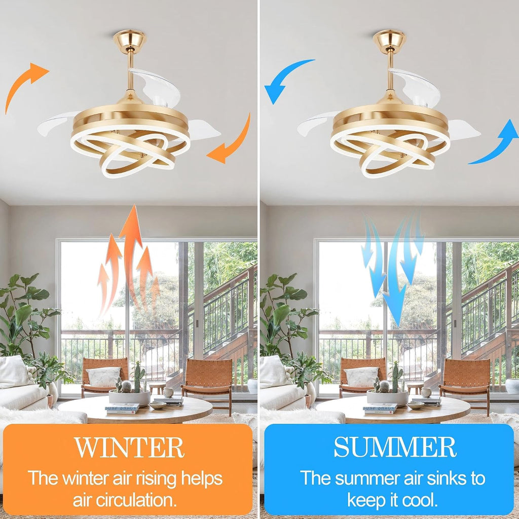 42' Gold Fandelier Ceiling Fan Retractable Ceiling Fan with Lights Remote Control, Modern Chandelier LED Light, Silent DC Motor Reversible 6 Speeds for Bedroom Living Room Kitchen