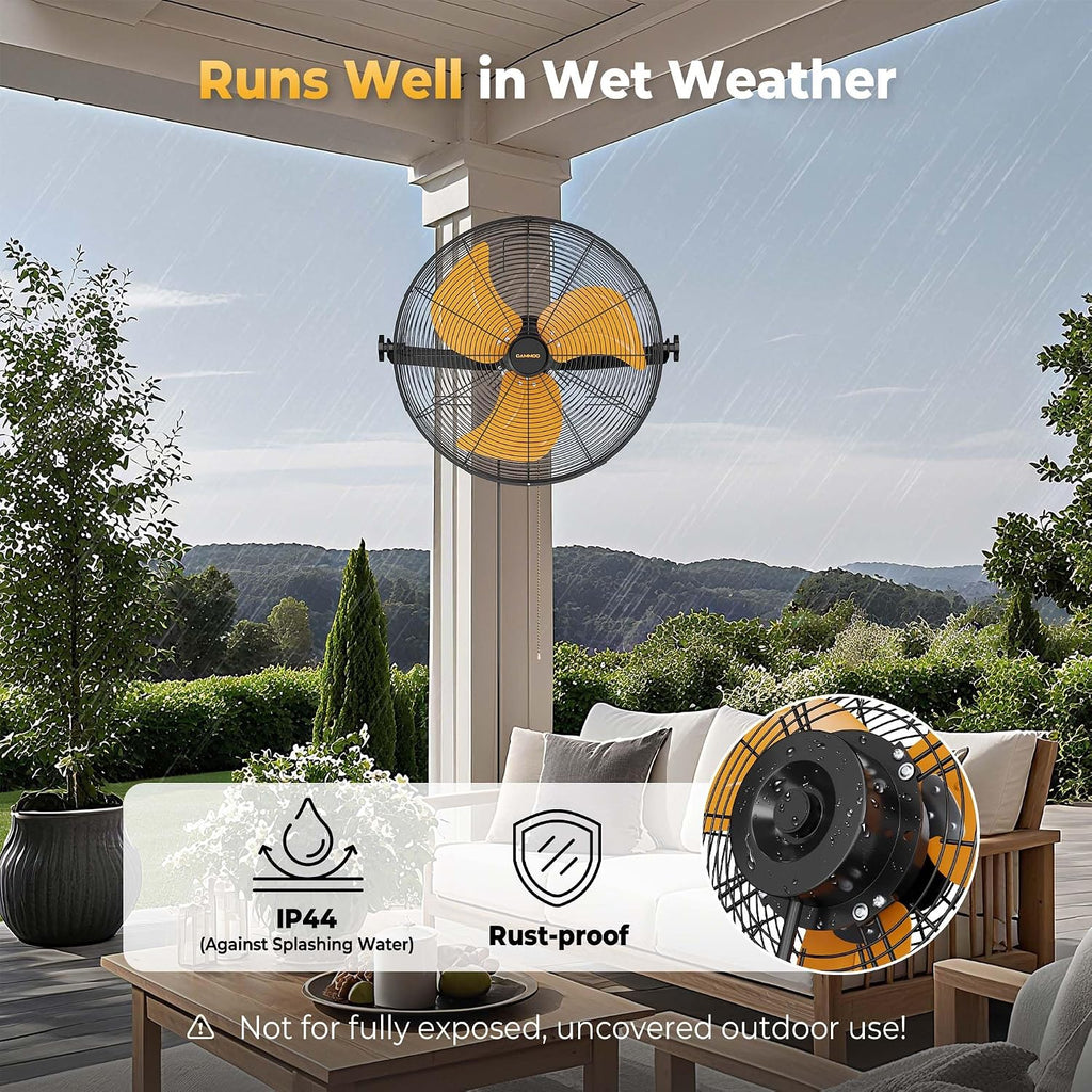 CAMMOO 18 Inch Wall Mount Fan with 600D Oxford Cover, IP44 Wall Fan | Extended 6.6 ft Power Cord, 360 Degree Tilt, 3-Speed Outdoor Fans for Patios, Greenhouse, Garage, Workshop Or Covered Outdoor