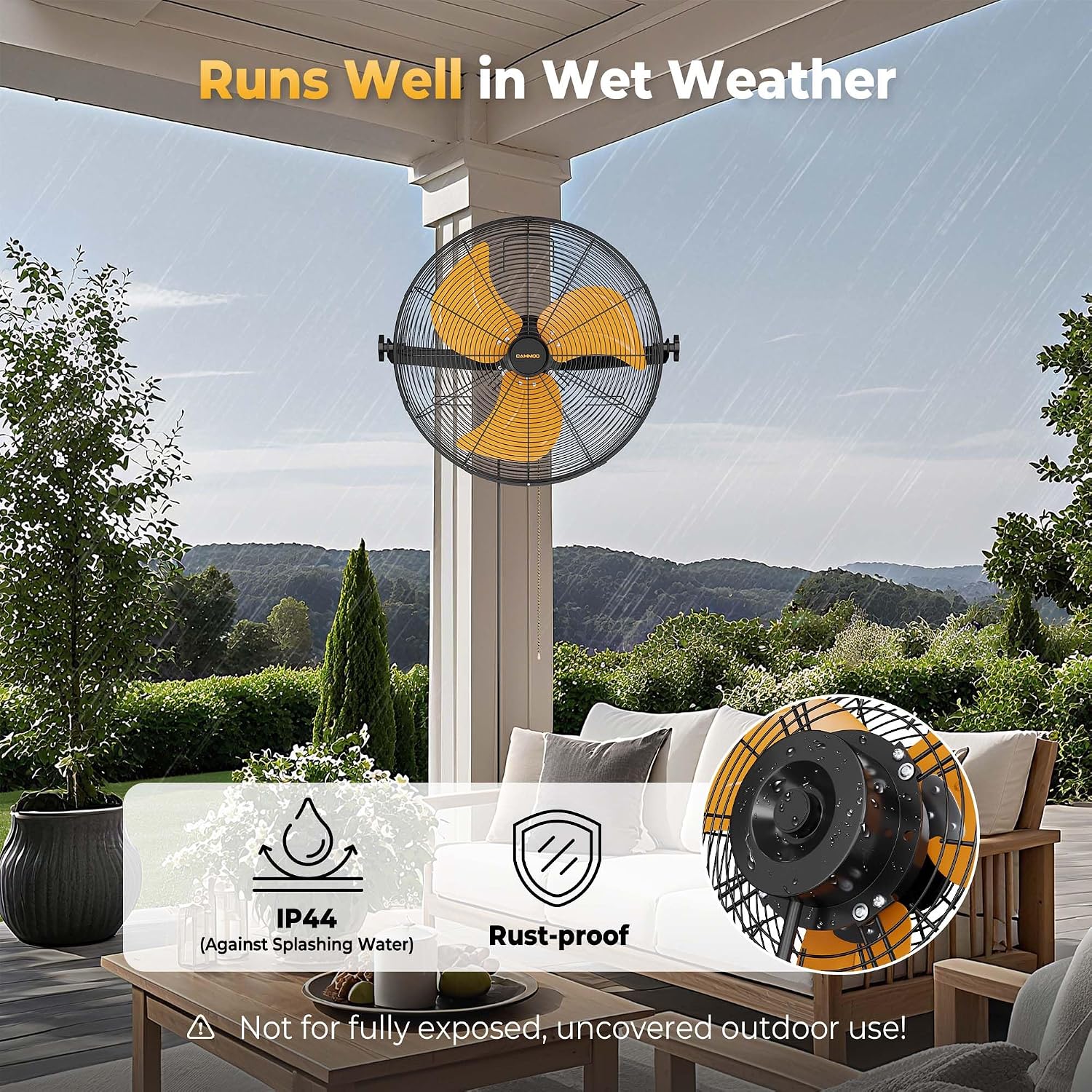 CAMMOO 18 Inch Wall Mount Fan with 600D Oxford Cover, IP44 Wall Fan | Extended 6.6 ft Power Cord, 360 Degree Tilt, 3-Speed Outdoor Fans for Patios, Greenhouse, Garage, Workshop Or Covered Outdoor