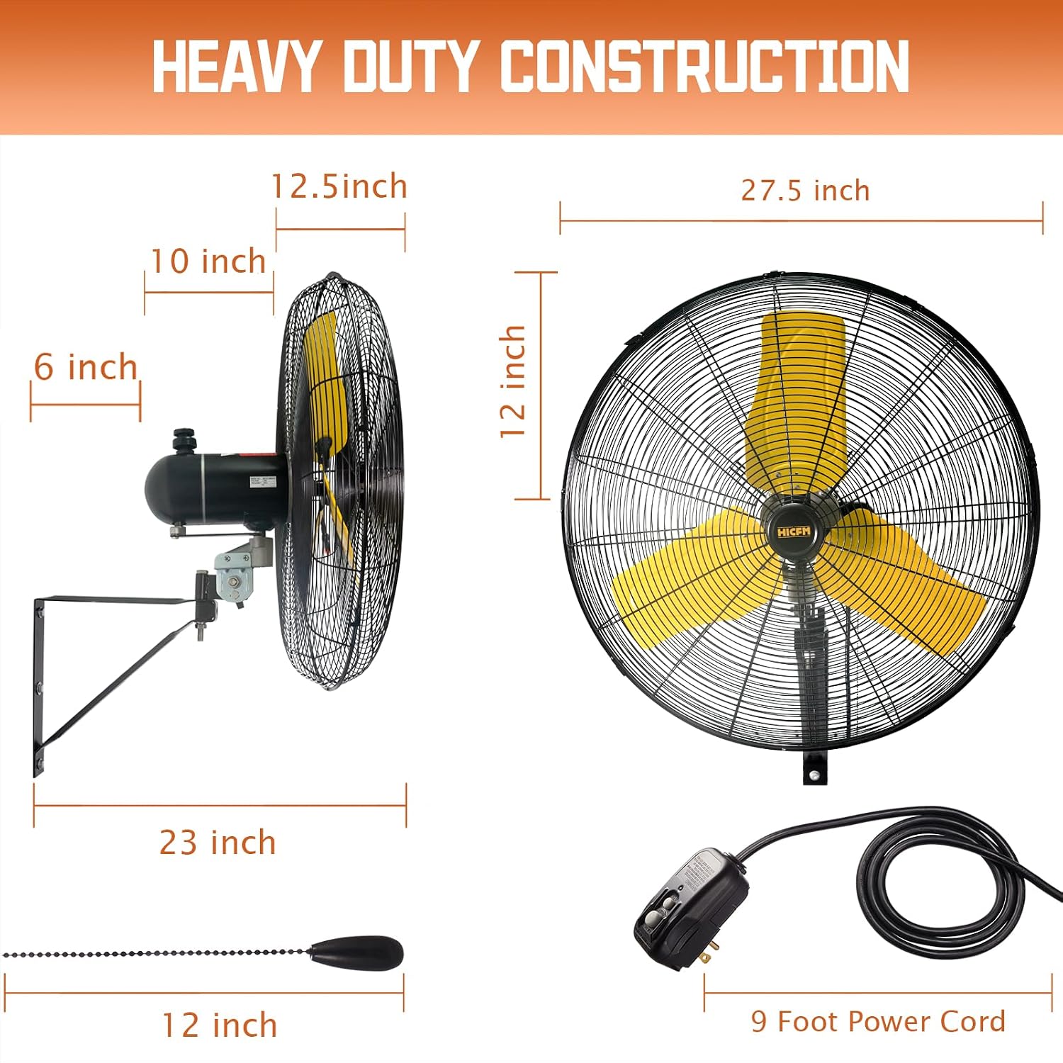 HiCFM 24' Oscillating Wall Fan, 8900 CFM High Velocity Industrial Wall Mounted Heavy Duty Shop Fans with 3 Speed Settings 80° Oscillation for Outdoor Commercial Garage Warehouse workshops Factory