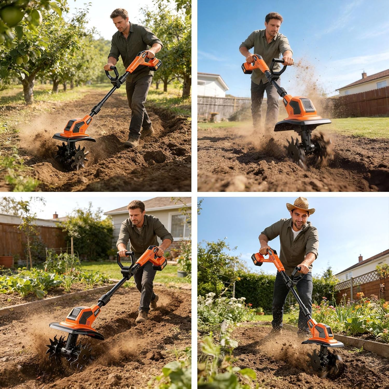20V Cordlees Tiller Cultivator for Gardening, 400RPM Brushless Electric Garden Tiller Battery Powered((2*3.0Ah Battery&Charger), 9.5'Width 7'Depth, Garden Rototiller for Yard/Lawn/Soil Tiller (Orange)