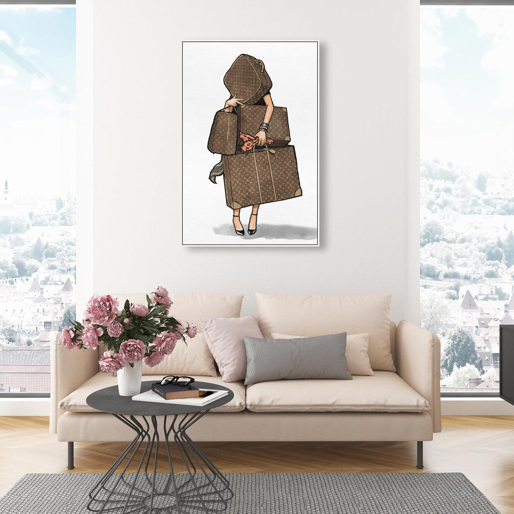 The Oliver Gal Artist Co. Fashion and Glam Modern Canvas Art - Bags, Bags, Bags- Orange, Wall Art for Living Room, Bedroom, and Bathroom, 30 in x 45, White and Brown Home Decor