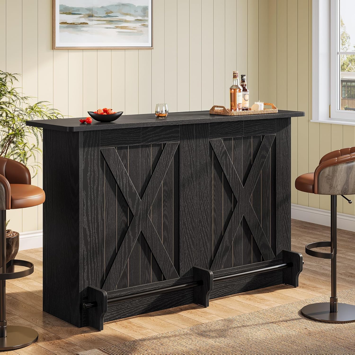 Tribesigns 63-Inch Bar Table, 2-Tier Bar Cabinet Height Pub Table with Footrest, Modern Coffee Cabinet for Home Kitchen, Large Home Unit Liquor Furniture, Bistro, Dining Room, Living Room (1, Black)