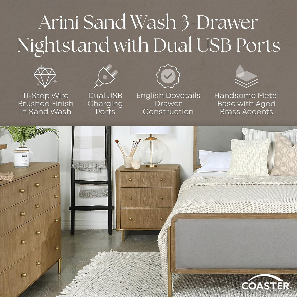 Coaster Home Furnishings - Arini - Wood - 3-Drawer Nightstand with Dual USB Ports, Felt-Lined Top Drawer, Aged Brass Round Knobs and Metal Base - Bedroom - Sand Wash - 224302