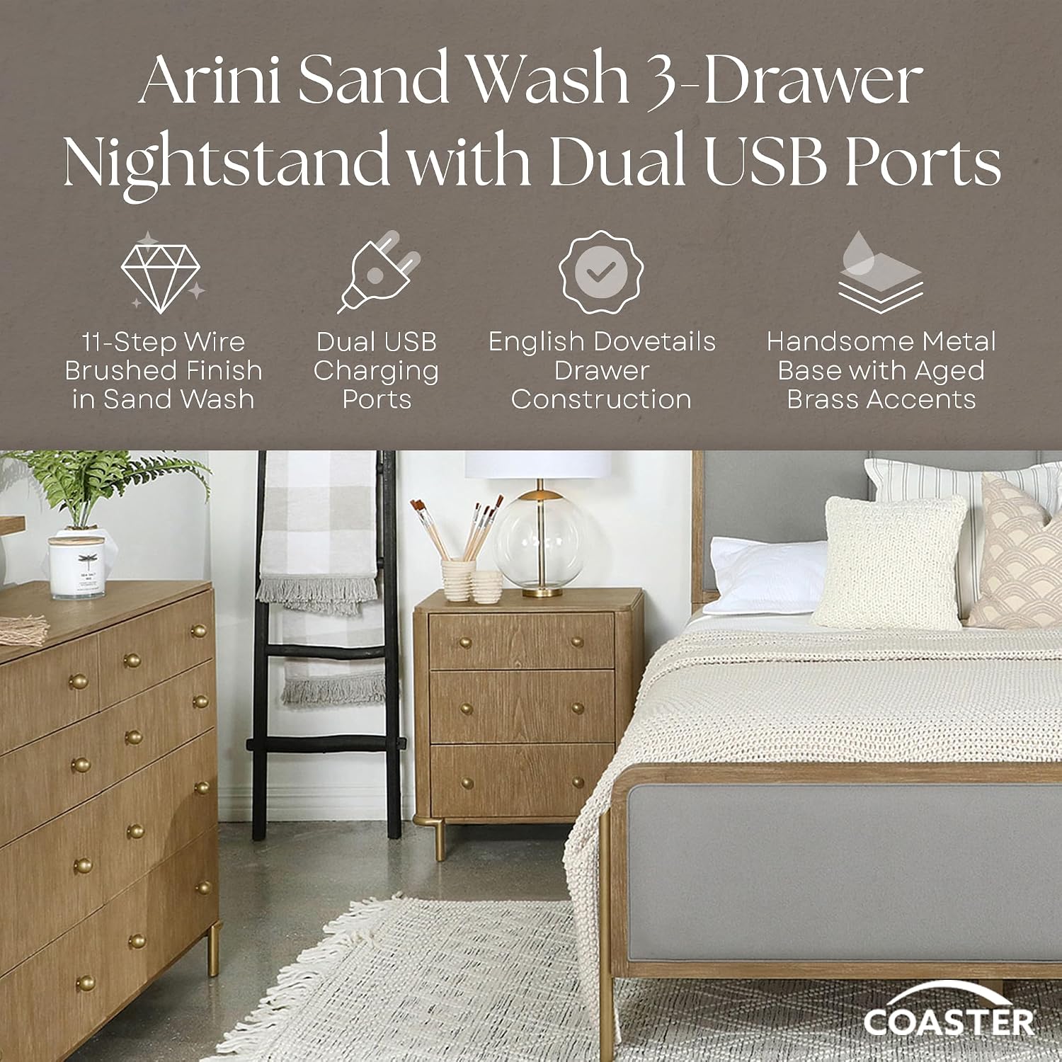 Coaster Home Furnishings - Arini - Wood - 3-Drawer Nightstand with Dual USB Ports, Felt-Lined Top Drawer, Aged Brass Round Knobs and Metal Base - Bedroom - Sand Wash - 224302