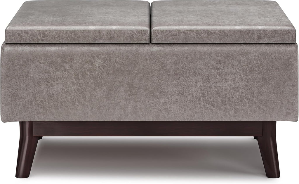 SIMPLIHOME Owen Tray Top Small Coffee Table Storage Ottoman - 34 inch Wide Upholstered Vegan Leather Rectangular Flip-Top Ottoman in Distressed Grey, Mid-Century Modern Ottoman for Living Room
