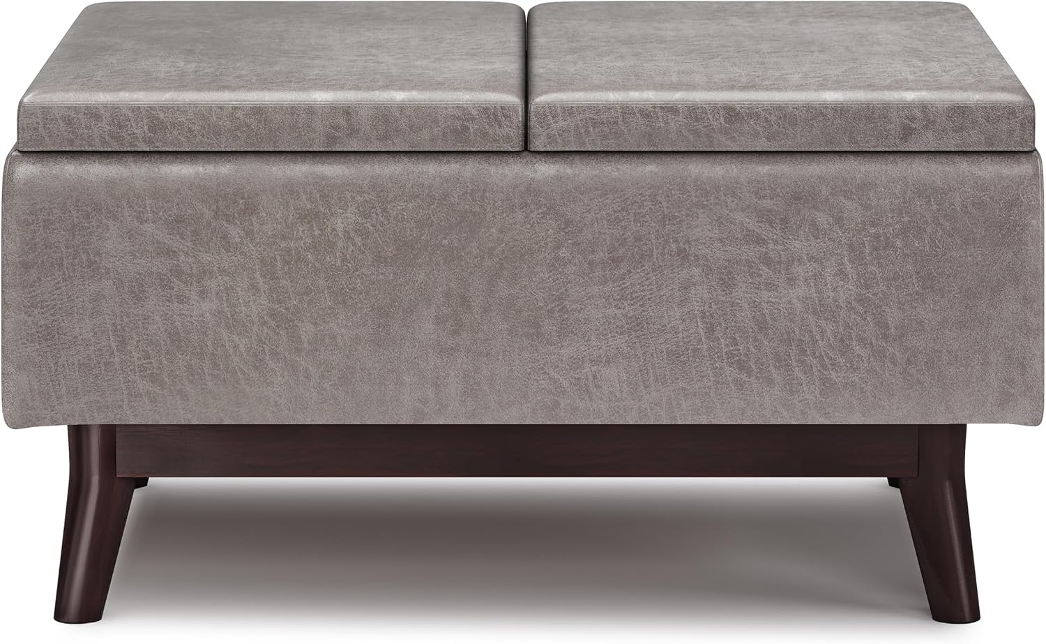 SIMPLIHOME Owen Tray Top Small Coffee Table Storage Ottoman - 34 inch Wide Upholstered Vegan Leather Rectangular Flip-Top Ottoman in Distressed Grey, Mid-Century Modern Ottoman for Living Room