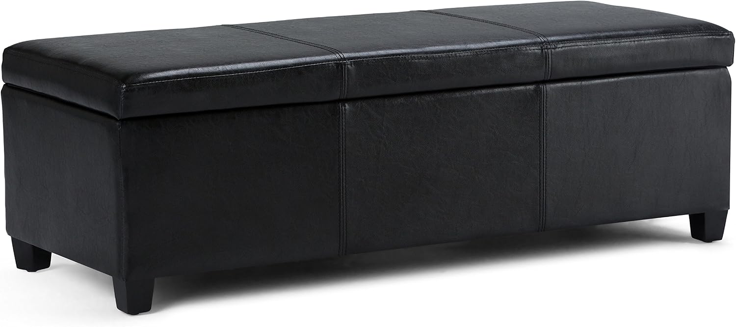 SIMPLIHOME Avalon Storage Ottoman Bench - 48' Wide x 16' High Upholstered Vegan Leather Rectangular Lift-Top Ottoman in Midnight Black, Contemporary Bench for Living Room with High-Density Foam