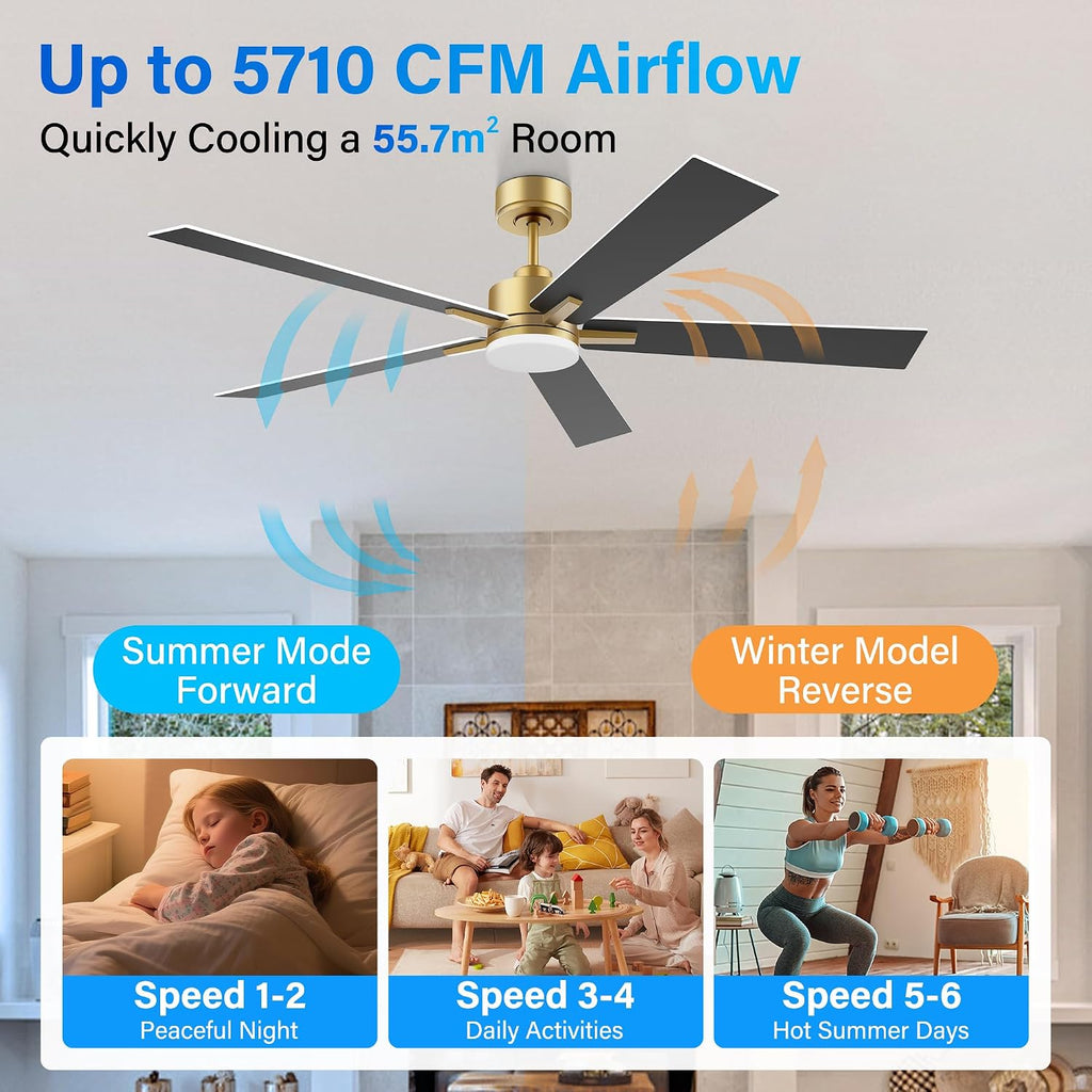 72' Large Smart Ceiling Fan with Lights Remote,Silent DC Motor,Control via Voice Alexa Google App,Outdoor Indoor Ceiling Fans for Large Modern Living Room Patio,Dimmable,5 Blades in Gold White Black