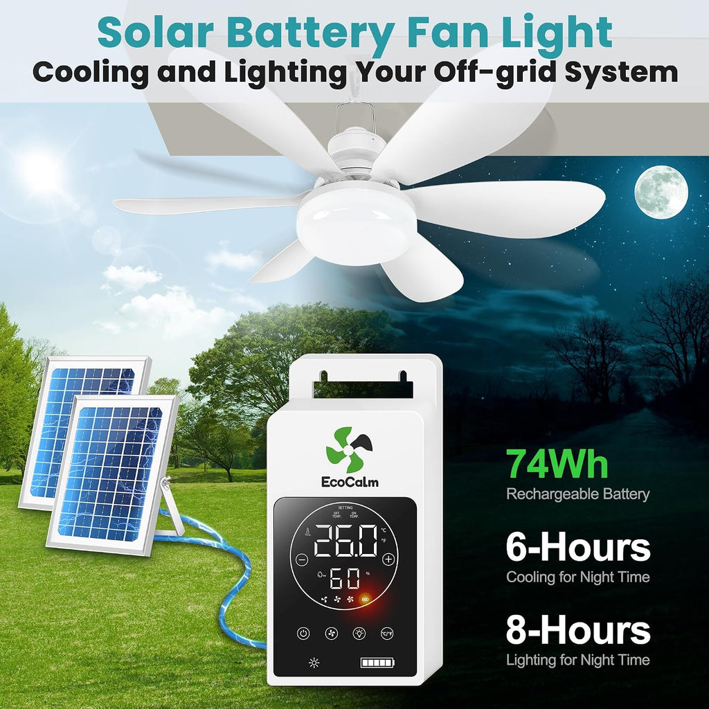 Solar Ceiling Fan with Adjustable Thermostat, 20' Outdoor Ceiling Fans with Battery & 2pcs 15W Bifacial Solar Panels, Solar Powered Fan Light for Gazebo, Chicken Coop, RV (White)
