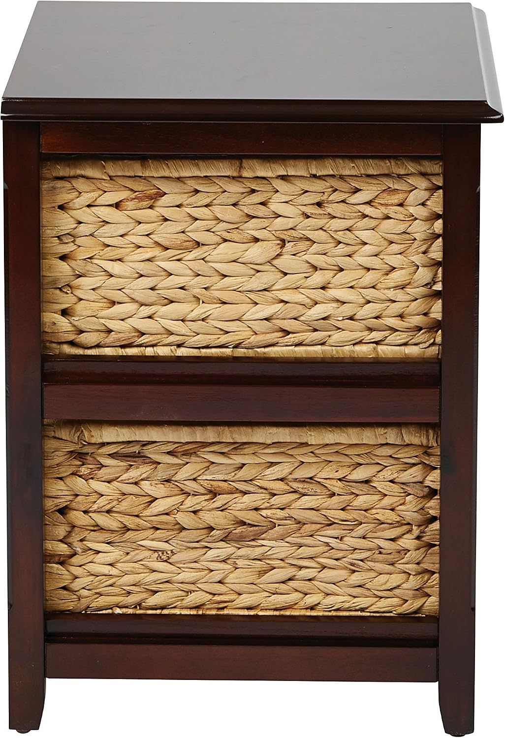 OSP Home Furnishings Seabrook Storage Tower with Solid Wood Frame and Natural Baskets, 2-Drawer, Espresso Finish