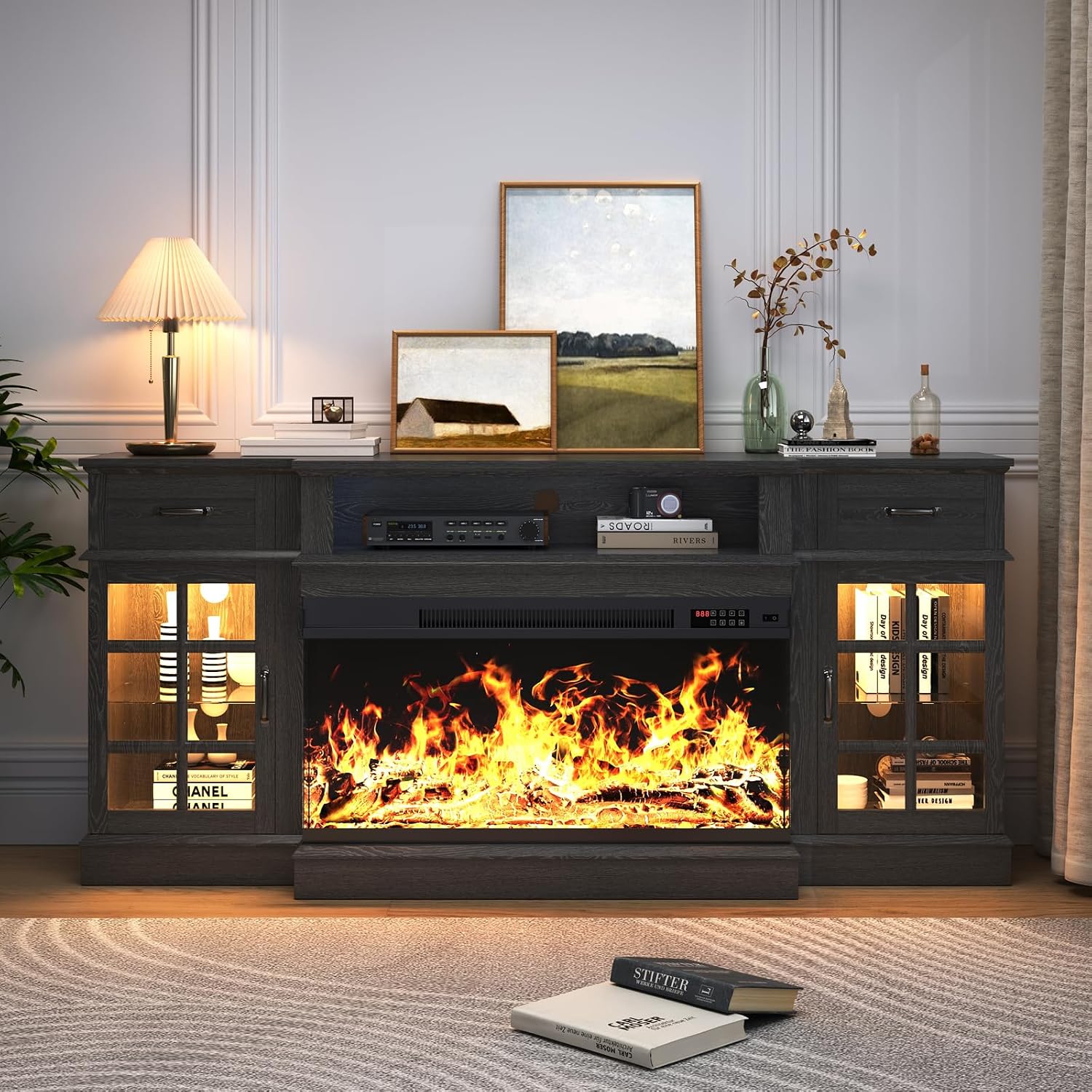 MXV 70' Fireplace TV Stand, 3-Sided Glass Fireplace and Modern Entertainment Center, Wooden Media Console with Glass Doors & Storage Drawers, LED Light, for Living Room, Black