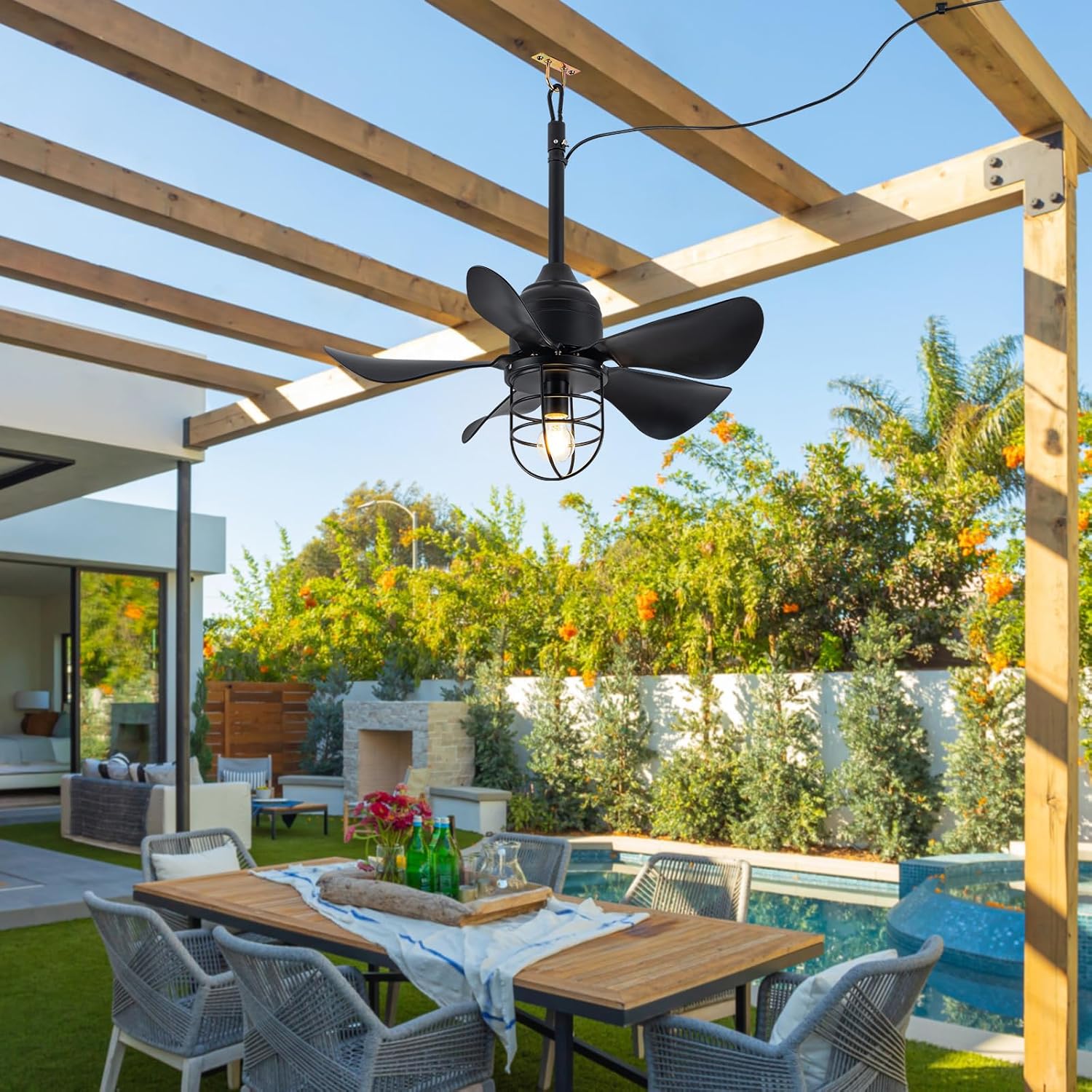 TIFEROR Outdoor Ceiling Fan with Light and Remote, IP65 Waterproof Ceiling Fan for patios, Plug In with Hanging and Hook, Lighting for Pergola, Canopy, Porch, Gazebo (BLACK)