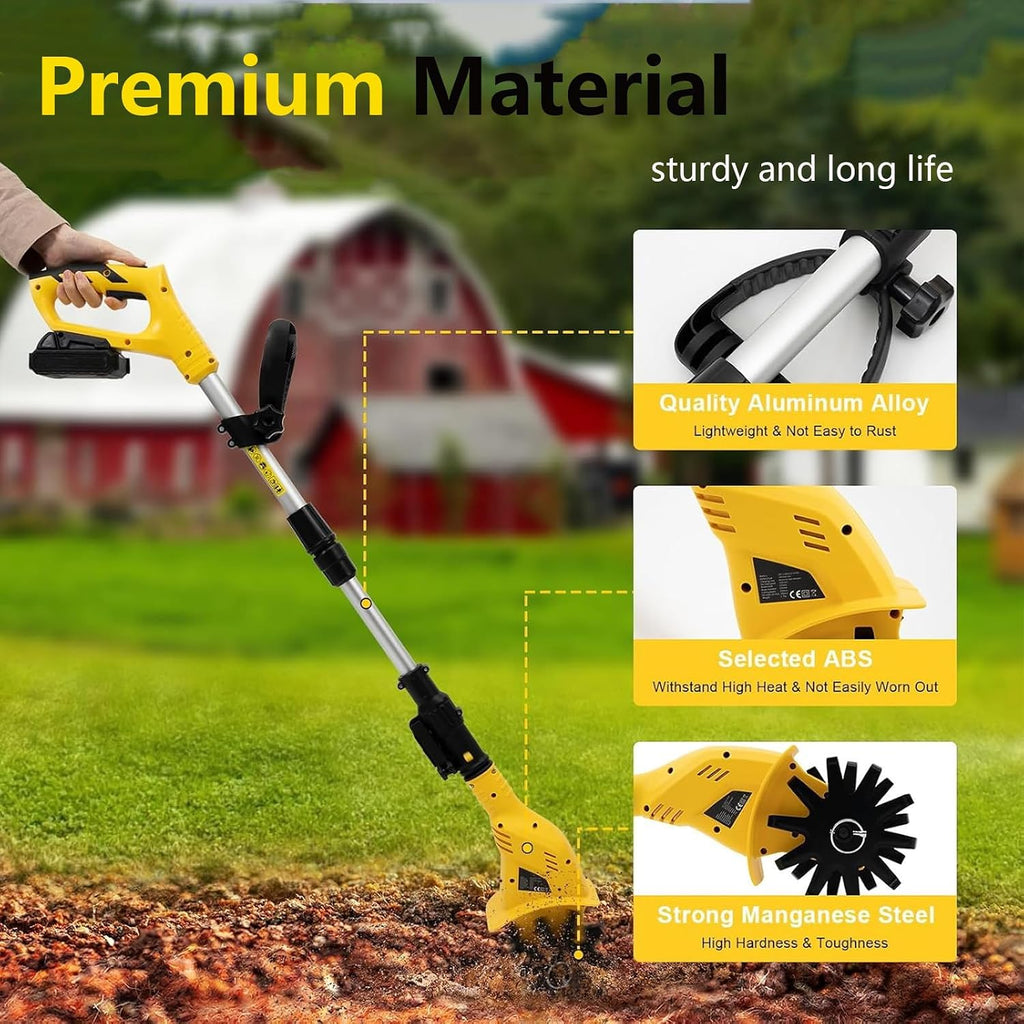Cordless Tiller Garden Cultivator, 250rpm Handheld Rotavator, Portable Electric Tiller with 2000mah Battery Powered, 10cm Working Width and Depth, for Garden, Vegetable Plots,Green