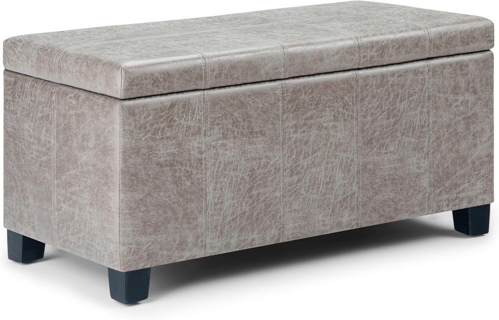 SIMPLIHOME Dover Storage Ottoman Bench - 36 inch Wide Upholstered Vegan Leather Rectangular Lift-Top Ottoman in Distressed Grey Taupe, Contemporary Bench for Living Room with Safety Hinges