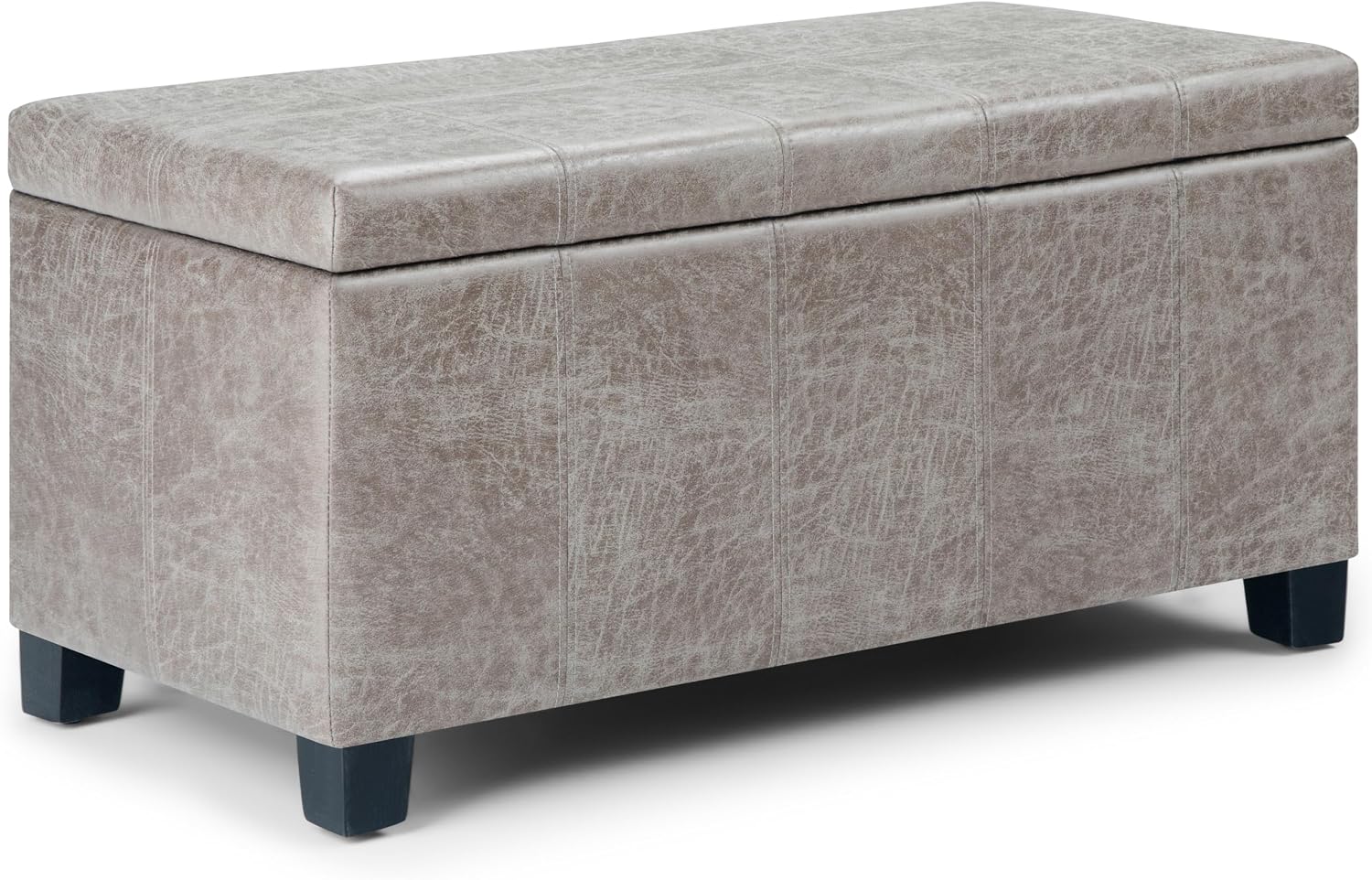 SIMPLIHOME Dover Storage Ottoman Bench - 36 inch Wide Upholstered Vegan Leather Rectangular Lift-Top Ottoman in Distressed Grey Taupe, Contemporary Bench for Living Room with Safety Hinges