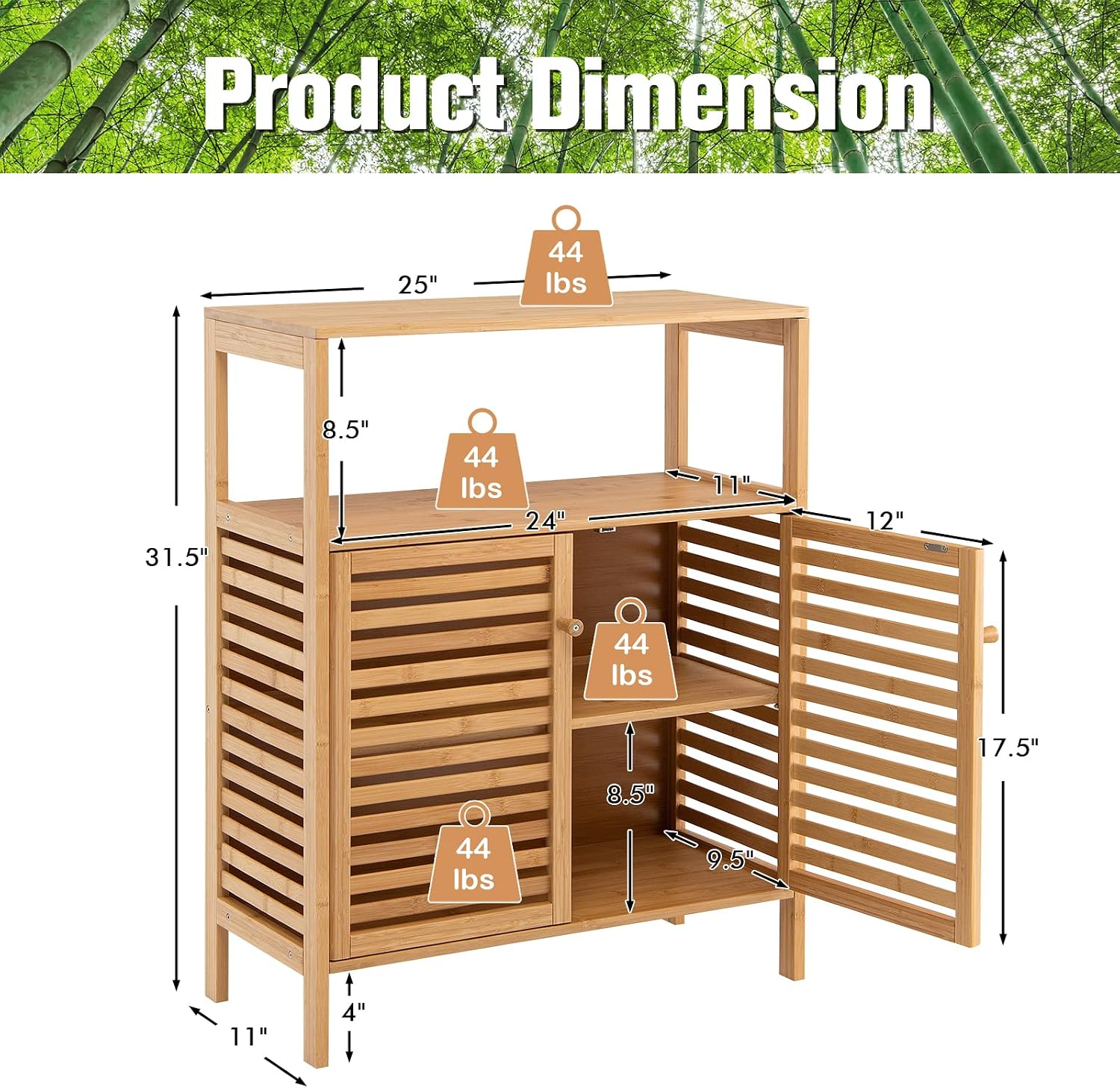 LDAILY LUARANE Storage Cabinet, Bamboo Cabinet w/ 2 Louvered Doors & Open Shelf, Bathroom Storage Cabinet for Living Room, Home Office, Kitchen, Natural
