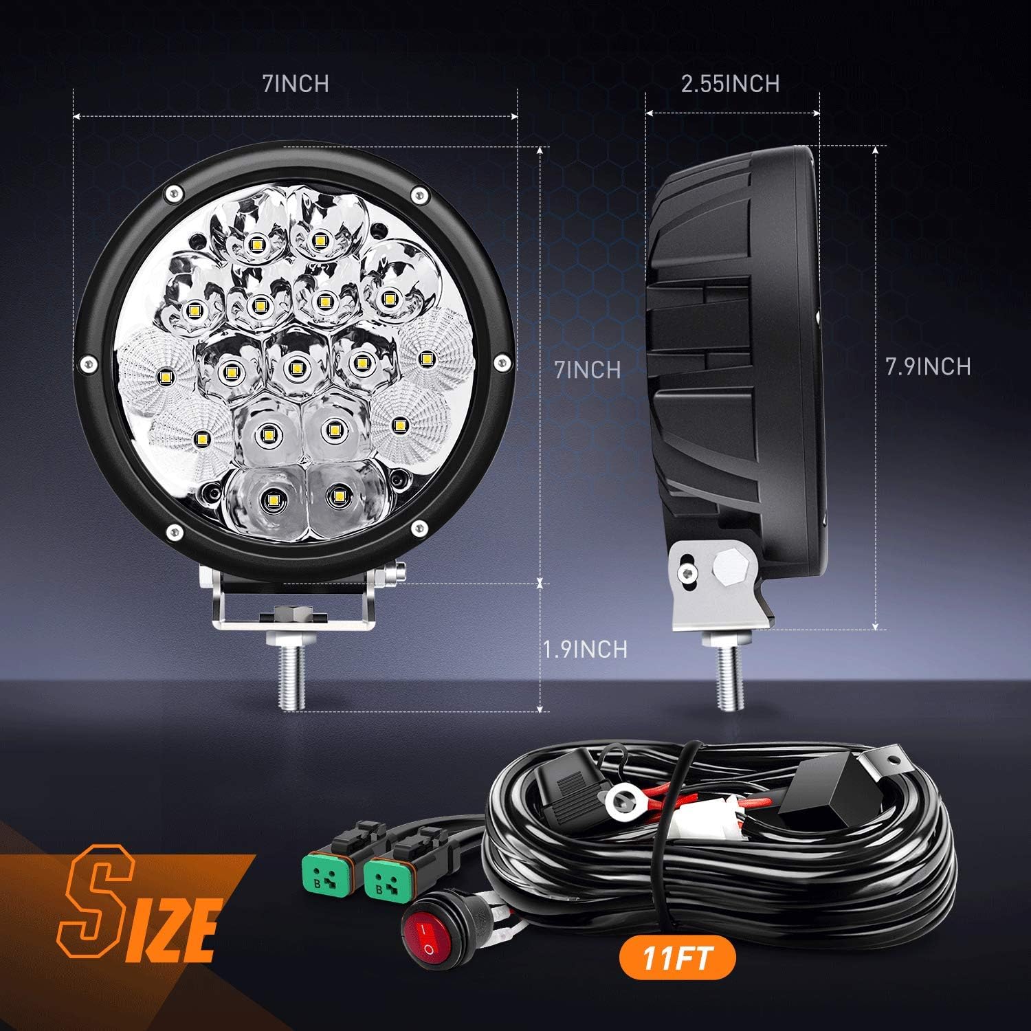 Nilight 2PCS 7Inch 85W LED Driving Light 10200LM IP68 Spot Flood Combo Round Built-in EMC Offroad Lights with 14AWG DT Connector Wiring Harness Kit for Truck ATV UTV SUV