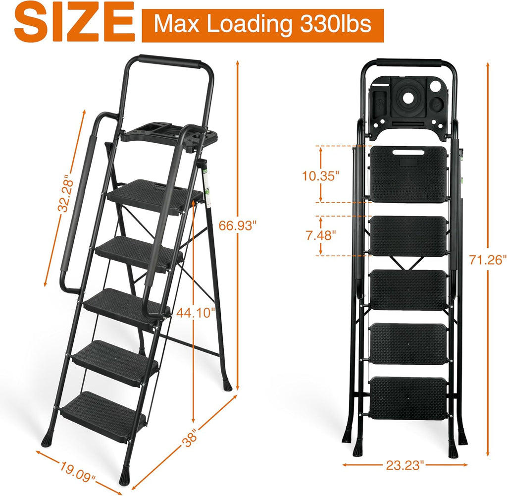 Arbusb Step Ladder, Folding Step Stool with Wide Anti-Slip Pedals, Sturdy Steel Ladder with Handrail, Space-Saving, Portable for Home & Adults, 5 Step Ladder